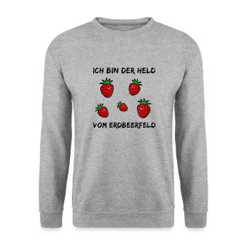 Witziger Spruch - Ich bin der Held vom Erdbeerfeld - Unisex Pullover - Weißgrau meliert - Vorne - Alina (178cm) & Michal (187cm)