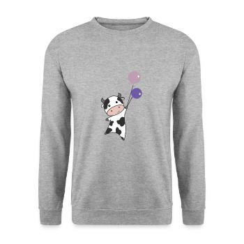 Kuh fliegt mit Luftballons nach oben süße Tiere - Unisex Pullover - Weißgrau meliert - Vorne - Alina (178cm) & Michal (187cm)