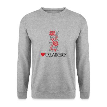 Ukrainerin Mann Patriotischer Herzstickerei - Unisex Pullover - Weißgrau meliert - Vorne - Alina (178cm) & Michal (187cm)