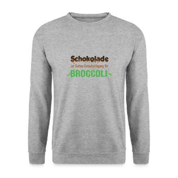 Schokolade ist Gottes Entschuldigung für Broccoli - Unisex Pullover - Weißgrau meliert - Vorne - Alina (178cm) & Michal (187cm)