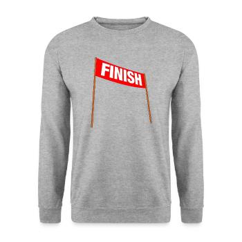 Rotes Banner mit FINISH – Du hast es geschafft! - Unisex Pullover - Weißgrau meliert - Vorne - Alina (178cm) & Michal (187cm)