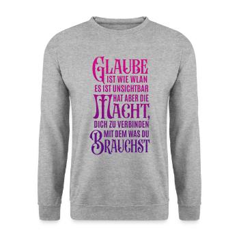 Glauben ist wie WLAN - Verbindung zu Gott - Unisex Pullover - Weißgrau meliert - Vorne - Alina (178cm) & Michal (187cm)