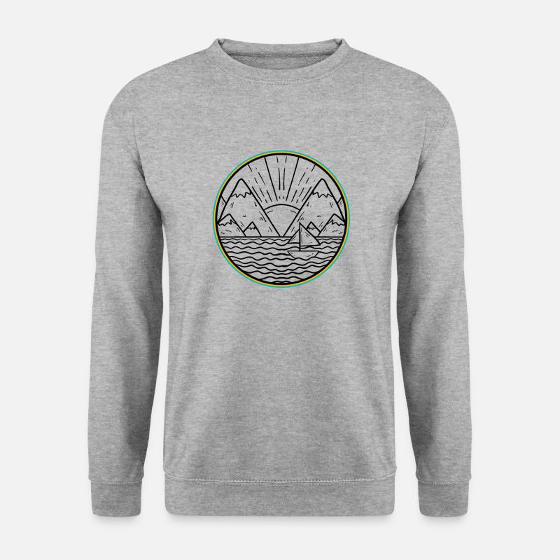 Rundes Logo mit Meer, Bergen und Sonne - Unisex Pullover - Weißgrau meliert
