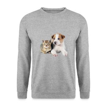 Süßes Hundebaby und Katzenbaby - Unisex Pullover - Weißgrau meliert - Vorne - Alina (178cm) & Michal (187cm)