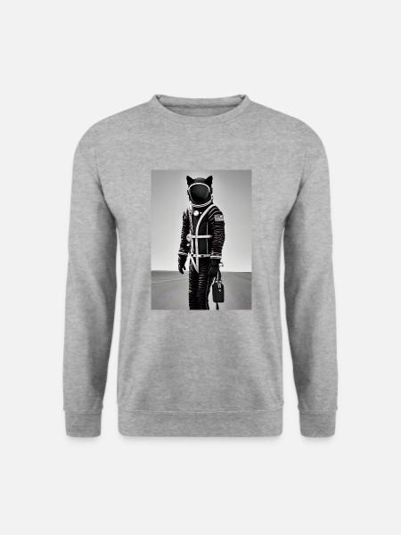 Mode und Haute Couture Kosmonautenkatze auf dem Rollfeld - Unisex Pullover - Weißgrau meliert