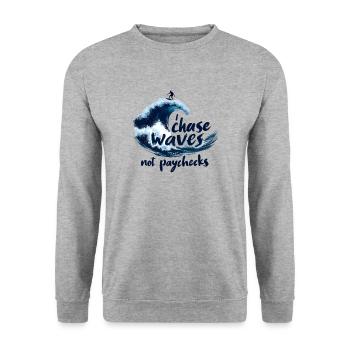 Je chasse les vagues, pas les chèques de paie – Surf et liberté - Sweat-shirt Unisexe - gris chiné - Devant - Alina (178cm) & Michal (187cm)