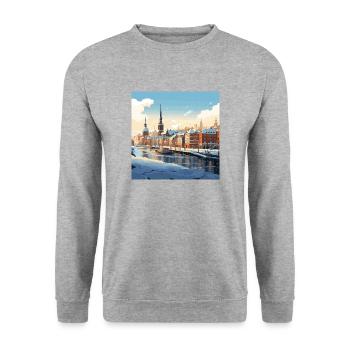 Verschneite Stadt Schnee Winter Wasser Hafen - Unisex Pullover - Weißgrau meliert - Vorne - Alina (178cm) & Michal (187cm)