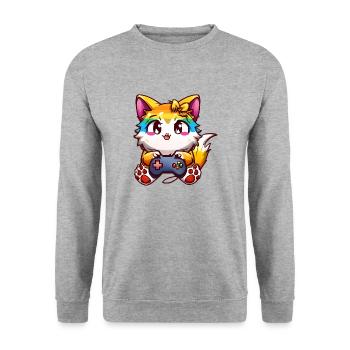 00240 flauschige Katze mit Kopfhörer & Controller - Unisex Pullover - Weißgrau meliert - Vorne - Alina (178cm) & Michal (187cm)