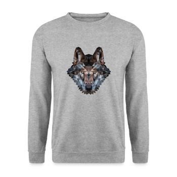 Wolfskopf | Polygon Wolf Kopf | Wolf geometrisch - Unisex Pullover - Weißgrau meliert - Vorne - Alina (178cm) & Michal (187cm)