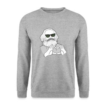 Karl Marx Hände bilden ein Herz Marxisten - Unisex Pullover - Weißgrau meliert - Vorne - Alina (178cm) & Michal (187cm)