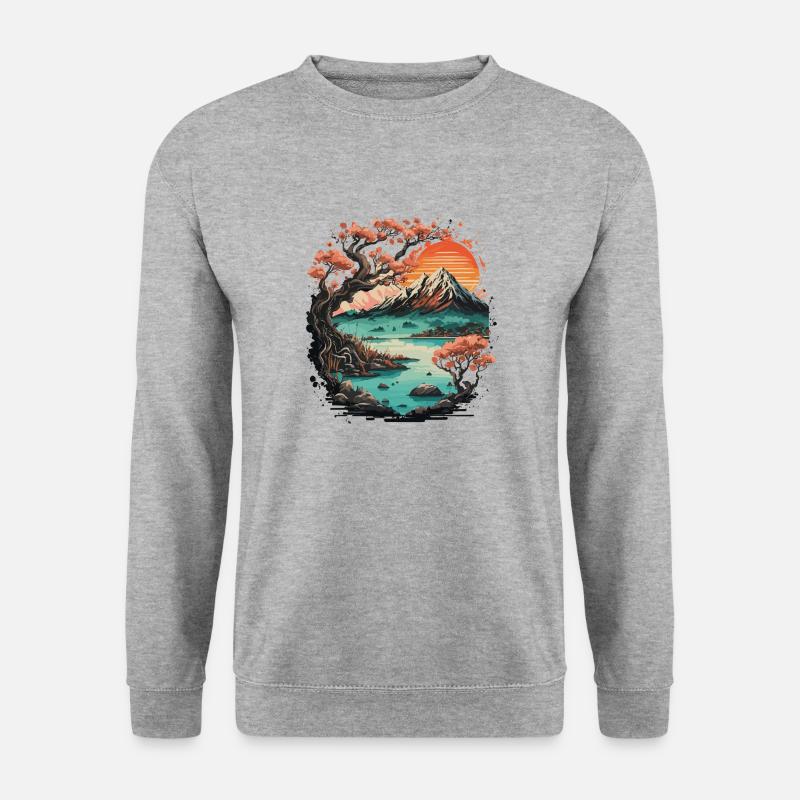 Japanese style mountain with sakura flowers - Unisex Pullover - Weißgrau meliert