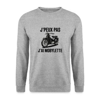 J'Peux Pas J'ai Mobylette – Design Vintage - Sweat-shirt Unisexe - gris chiné - Devant - Alina (178cm) & Michal (187cm)