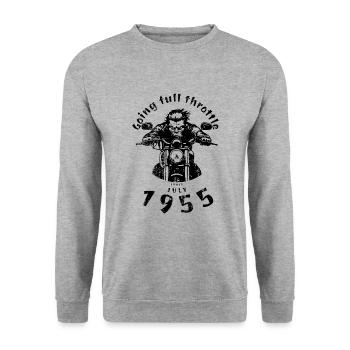 70. Geburtstag Going full throttle since 07/1955 - Unisex Pullover - Weißgrau meliert - Vorne - Alina (178cm) & Michal (187cm)