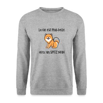 La vie est plus belle avec un spitz nain - Sweat-shirt Unisexe - gris chiné - Devant - Alina (178cm) & Michal (187cm)