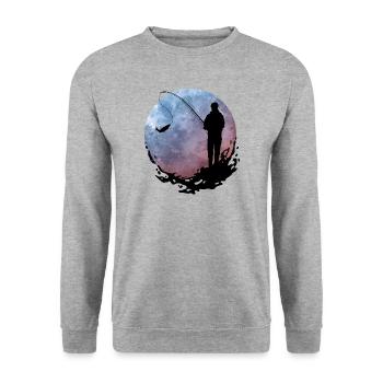Angler mit Fisch am Haken (Blau/Rot) - Unisex Pullover - Weißgrau meliert - Vorne - Alina (178cm) & Michal (187cm)