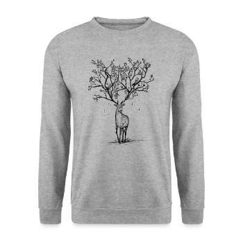 Hirsch Geweih Baum Illustration Wald Geschenk - Unisex Pullover - Weißgrau meliert - Vorne - Alina (178cm) & Michal (187cm)