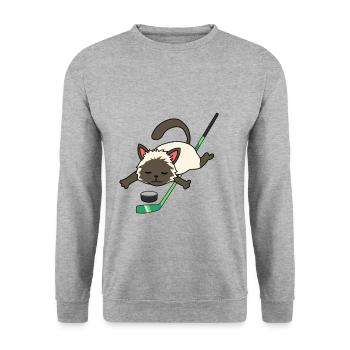 Katze Eishockey Wintersport Hockey Katzen Puck - Unisex Pullover - Weißgrau meliert - Vorne - Alina (178cm) & Michal (187cm)