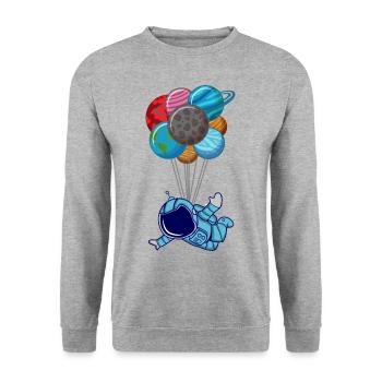 Astronaut mit Planeten Als Ballon Weltraum Geschen - Unisex Pullover - Weißgrau meliert - Vorne - Alina (178cm) & Michal (187cm)