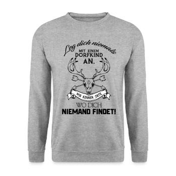 Leg dich niemals mit einem Dorfkind an - Unisex Pullover - Weißgrau meliert - Vorne - Alina (178cm) & Michal (187cm)