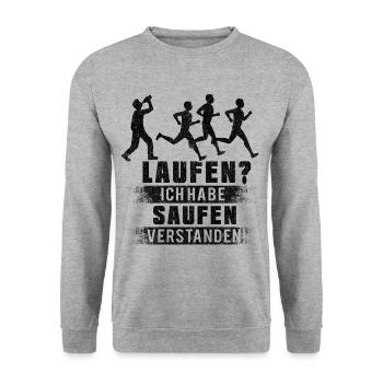 Running Jogging Spruch Laufen Ich Habe Saufen - Unisex Pullover - Weißgrau meliert - Vorne - Alina (178cm) & Michal (187cm)