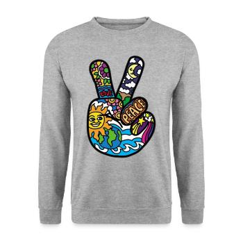 Friedenszeichen Peace und Frieden Hanzeichen - Unisex Pullover - Weißgrau meliert - Vorne - Alina (178cm) & Michal (187cm)