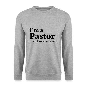 im a pastor dont look so suprised Spruch Motiv - Unisex Pullover - Weißgrau meliert - Vorne - Alina (178cm) & Michal (187cm)
