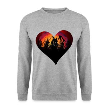Sonnenuntergang Herz Berge Wald episch Natur - Unisex Pullover - Weißgrau meliert - Vorne - Alina (178cm) & Michal (187cm)