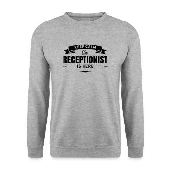 Bleib ruhig der Rezeptionist ist hier Rezeption - Unisex Pullover - Weißgrau meliert - Vorne - Alina (178cm) & Michal (187cm)