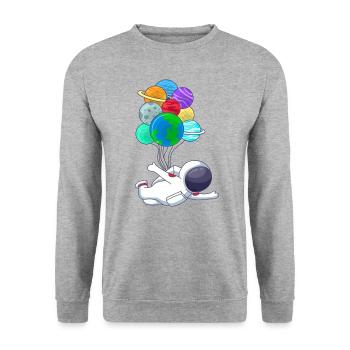 Astronaut Kosmonaut an Planeten Luftballons Ballon - Unisex Pullover - Weißgrau meliert - Vorne - Alina (178cm) & Michal (187cm)