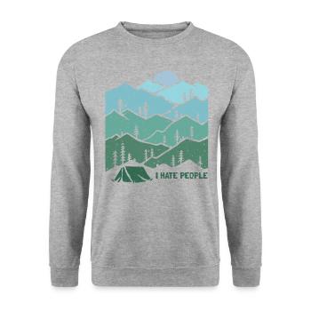 I hate People Outdoor Winter Camping in den Bergen - Unisex Pullover - Weißgrau meliert - Vorne - Alina (178cm) & Michal (187cm)