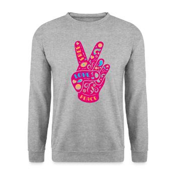 Peace Love Harmony Victory Handzeichen Frieden - Unisex Pullover - Weißgrau meliert - Vorne - Alina (178cm) & Michal (187cm)