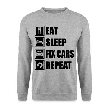 EAT SLEEP FIX CARS REPEAT KFZ Mechaniker Werkstatt - Unisex Pullover - Weißgrau meliert - Vorne - Alina (178cm) & Michal (187cm)