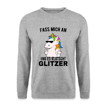 Einhorn zeigt Mittelfinger Es Klatscht Glitzer Fun - Unisex Pullover - Weißgrau meliert - Vorne - Alina (178cm) & Michal (187cm)