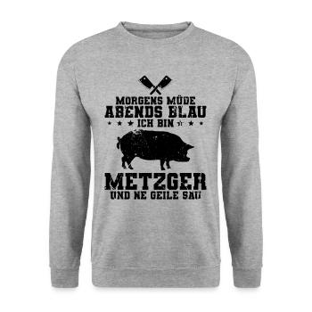 Fleischer Metzger - Unisex Pullover - Weißgrau meliert - Vorne - Alina (178cm) & Michal (187cm)