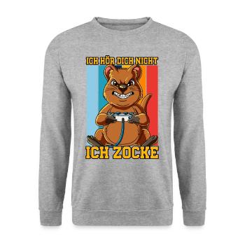 Zocken Gaming Ich Höre Dich Nicht Ich Zocke - Unisex Pullover - Weißgrau meliert - Vorne - Alina (178cm) & Michal (187cm)
