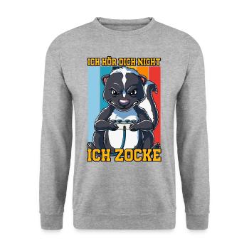 Zocken Gaming Ich Höre Dich Nicht Ich Zocke - Unisex Pullover - Weißgrau meliert - Vorne - Alina (178cm) & Michal (187cm)