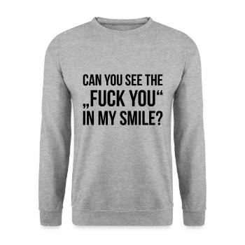CAN YOU SEE THE FUCK YOU IN MY SMILE funny quote - Unisex Pullover - Weißgrau meliert - Vorne - Alina (178cm) & Michal (187cm)