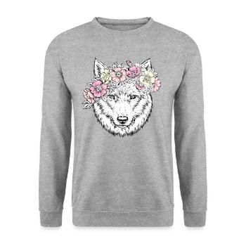 loup blanc avec des fleurs - Tshirt loup - Sweat-shirt Unisexe - gris chiné - Devant - Alina (178cm) & Michal (187cm)