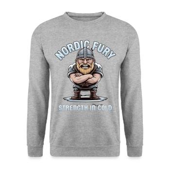 Nordic Fury: Stärke in Kälte | lustige Bilder - Unisex Pullover - Weißgrau meliert - Vorne - Alina (178cm) & Michal (187cm)