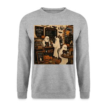 Halloween Café mit Geistern und Kürbissen Trend - Unisex Pullover - Weißgrau meliert - Vorne - Alina (178cm) & Michal (187cm)