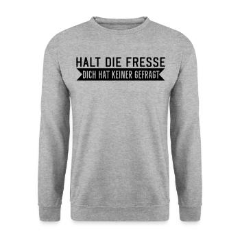 Halt die Fresse dich hat keiner gefragt Spruch - Unisex Pullover - Weißgrau meliert - Vorne - Alina (178cm) & Michal (187cm)