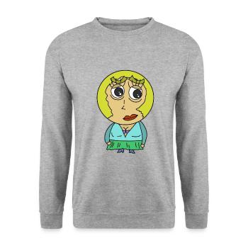 Rundkopf Frau Comicfigur blond Blondine Hübsch wtf - Unisex Pullover - Weißgrau meliert - Vorne - Alina (178cm) & Michal (187cm)