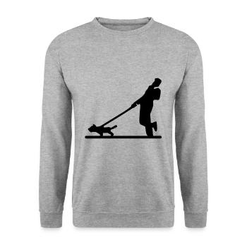 Hund zieht an der Leine Gassi - Unisex Pullover - Weißgrau meliert - Vorne - Alina (178cm) & Michal (187cm)