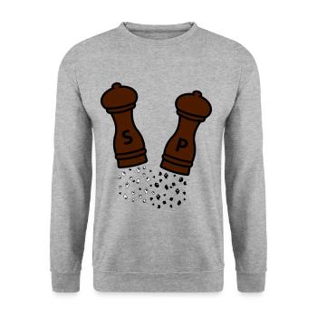 Salz & Pfeffer / Holz Gewürzmühlen / Geschenkidee - Unisex Pullover - Weißgrau meliert - Vorne - Alina (178cm) & Michal (187cm)