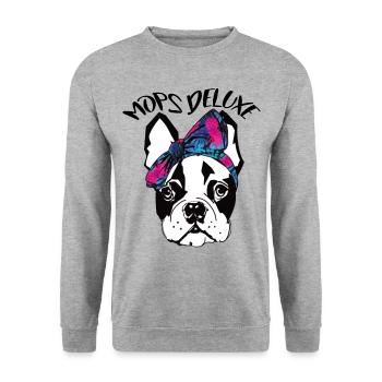 Hund Mops Verwöhnt Deluxe - Unisex Pullover - Weißgrau meliert - Vorne - Alina (178cm) & Michal (187cm)