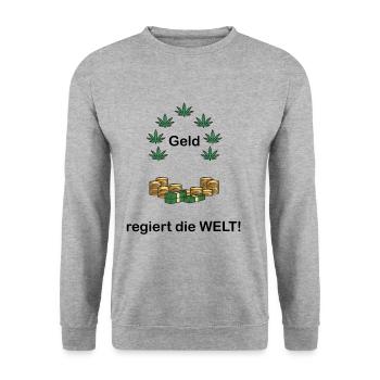 Geld regiert die Welt. Reichtum Spruch. Motivation - Unisex Pullover - Weißgrau meliert - Vorne - Alina (178cm) & Michal (187cm)