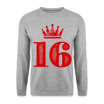 16 Zahl Krone - Unisex Pullover - Weißgrau meliert - Vorne - Alina (178cm) & Michal (187cm)
