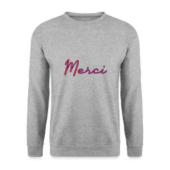 MERCI. THANKS. THANK YOU. ANNIVERSAIRE. NAISSANCE. - Sweat-shirt Unisexe - gris chiné - Devant - Alina (178cm) & Michal (187cm)