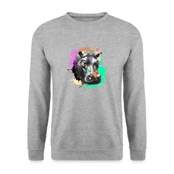 Nilpferd, Graffiti, Malerei,bunt, farbkleckse - Unisex Pullover - Weißgrau meliert - Vorne - Alina (178cm) & Michal (187cm)