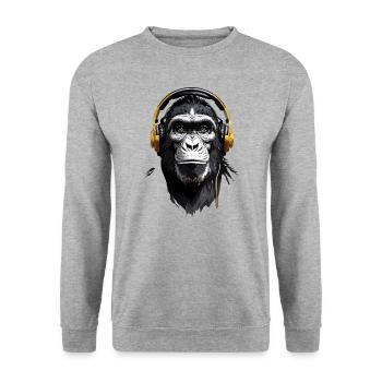 DJ Monkey: Musikmacher Affe mit Kopfhörer - Unisex Pullover - Weißgrau meliert - Vorne - Alina (178cm) & Michal (187cm)